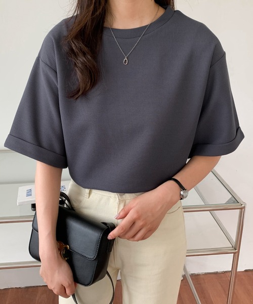 Diosfront(ディオスフロント)の「五分袖ルーズシルエットワッフルTシャツ(Tシャツ/カットソー・レディース・チャコールグレー/ブラック/ベージュ/ホワイト・M/L)」の12枚目の写真