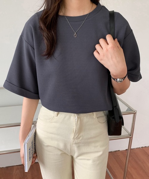 Diosfront(ディオスフロント)の「五分袖ルーズシルエットワッフルTシャツ(Tシャツ/カットソー・レディース・チャコールグレー/ブラック/ベージュ/ホワイト・M/L)」の13枚目の写真