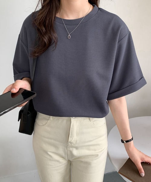 Diosfront(ディオスフロント)の「五分袖ルーズシルエットワッフルTシャツ(Tシャツ/カットソー・レディース・チャコールグレー/ブラック/ベージュ/ホワイト・M/L)」の14枚目の写真