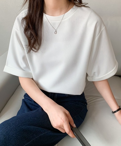 Diosfront(ディオスフロント)の「五分袖ルーズシルエットワッフルTシャツ(Tシャツ/カットソー・レディース・チャコールグレー/ブラック/ベージュ/ホワイト・M/L)」の16枚目の写真