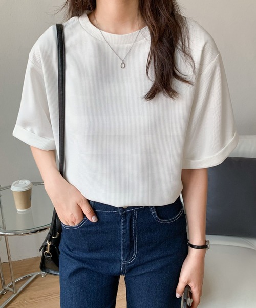 Diosfront(ディオスフロント)の「五分袖ルーズシルエットワッフルTシャツ(Tシャツ/カットソー・レディース・チャコールグレー/ブラック/ベージュ/ホワイト・M/L)」の17枚目の写真