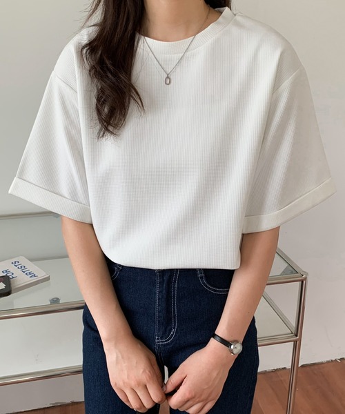 Diosfront(ディオスフロント)の「五分袖ルーズシルエットワッフルTシャツ(Tシャツ/カットソー・レディース・チャコールグレー/ブラック/ベージュ/ホワイト・M/L)」の18枚目の写真