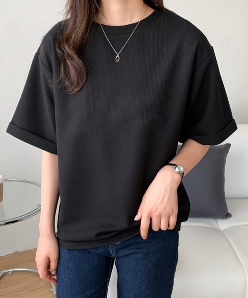 Diosfront(ディオスフロント)の「五分袖ルーズシルエットワッフルTシャツ(Tシャツ/カットソー・レディース・チャコールグレー/ブラック/ベージュ/ホワイト・M/L)」の19枚目の写真