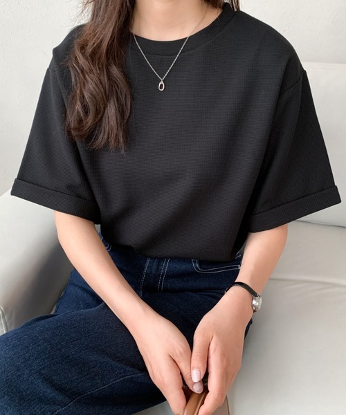 Diosfront(ディオスフロント)の「五分袖ルーズシルエットワッフルTシャツ(Tシャツ/カットソー・レディース・チャコールグレー/ブラック/ベージュ/ホワイト・M/L)」の5枚目の写真