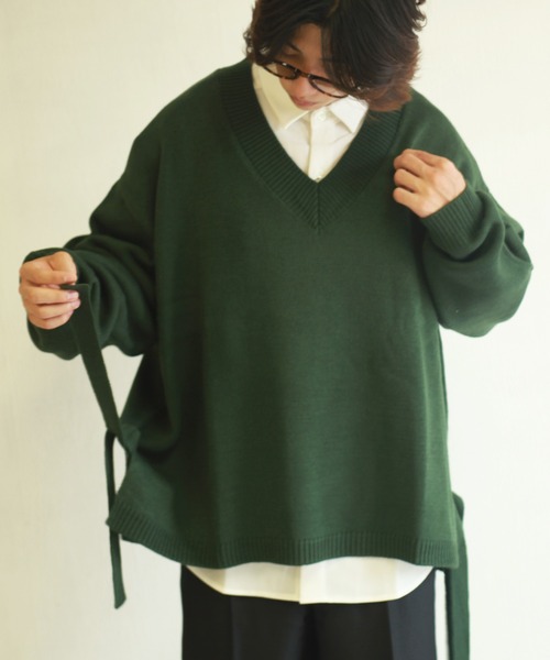 WESTSEA(ウエストシー)の「天竺 ワイドサイズサイドベルト付き Vネックニット(ニット/セーター・メンズ・ブラック/グリーン/ホワイト×グレー/グレイッシュブルー・M/L)」の3枚目の写真