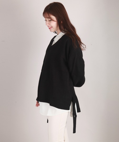 WESTSEA(ウエストシー)の「天竺 ワイドサイズサイドベルト付き Vネックニット(ニット/セーター・メンズ・ブラック/グリーン/ホワイト×グレー/グレイッシュブルー・M/L)」の1枚目の写真