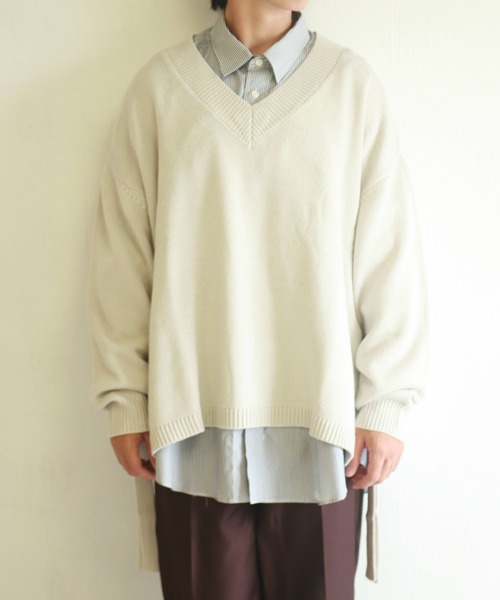 WESTSEA(ウエストシー)の「天竺 ワイドサイズサイドベルト付き Vネックニット(ニット/セーター・メンズ・ブラック/グリーン/ホワイト×グレー/グレイッシュブルー・M/L)」の6枚目の写真