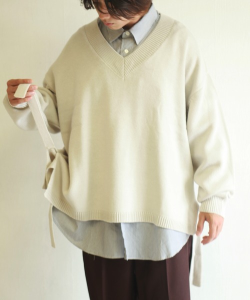 WESTSEA(ウエストシー)の「天竺 ワイドサイズサイドベルト付き Vネックニット(ニット/セーター・メンズ・ブラック/グリーン/ホワイト×グレー/グレイッシュブルー・M/L)」の5枚目の写真