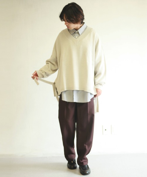 WESTSEA(ウエストシー)の「天竺 ワイドサイズサイドベルト付き Vネックニット(ニット/セーター・メンズ・ブラック/グリーン/ホワイト×グレー/グレイッシュブルー・M/L)」の9枚目の写真