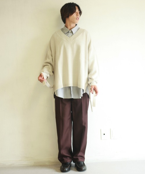 WESTSEA(ウエストシー)の「天竺 ワイドサイズサイドベルト付き Vネックニット(ニット/セーター・メンズ・ブラック/グリーン/ホワイト×グレー/グレイッシュブルー・M/L)」の10枚目の写真