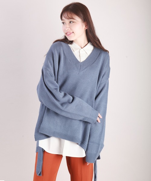 WESTSEA(ウエストシー)の「天竺 ワイドサイズサイドベルト付き Vネックニット(ニット/セーター・メンズ・ブラック/グリーン/ホワイト×グレー/グレイッシュブルー・M/L)」の19枚目の写真
