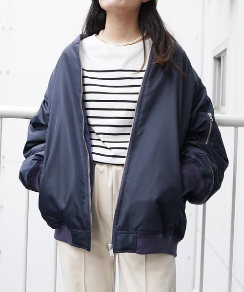 VENCEEXCHANGE（ヴァンスエクスチェンジ）の「ナイロンビッグシルエットMA-1ブルゾン/ボリュームスリーブ/ルーズシルエット/ユニセックス（MA-1・レディース・ベージュ/ネイビー/ピンク・FREE）」の12枚目の写真