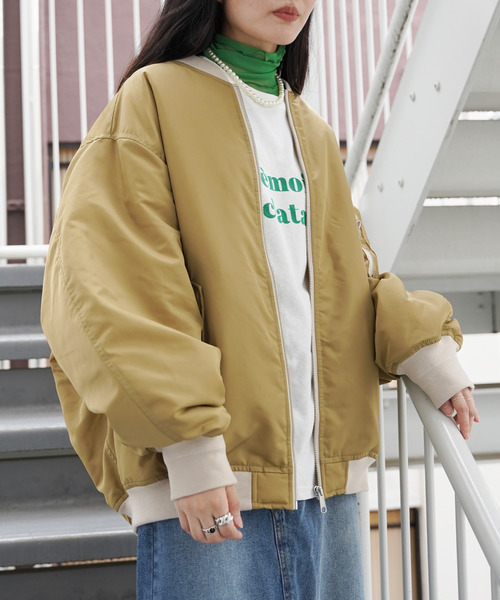 VENCEEXCHANGE（ヴァンスエクスチェンジ）の「ナイロンビッグシルエットMA-1ブルゾン/ボリュームスリーブ/ルーズシルエット/ユニセックス（MA-1・レディース・ベージュ/ネイビー/ピンク・FREE）」の14枚目の写真