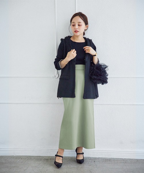 KOBE LETTUCE（コウベレタス）の「[WEARISTA田中亜希子さんコラボ] 低身長向けサイズあり ジャージーナロースカート（スカート・レディース・ベージュ系/グリーン系/ブラック/イエロー/ピンク/アイボリー系/グレー系/アイボリー系1/ミント/ブラック系/オレンジ/ブラウン系/ピンク系/ブルー系・PM/PS/M）」の9枚目の写真