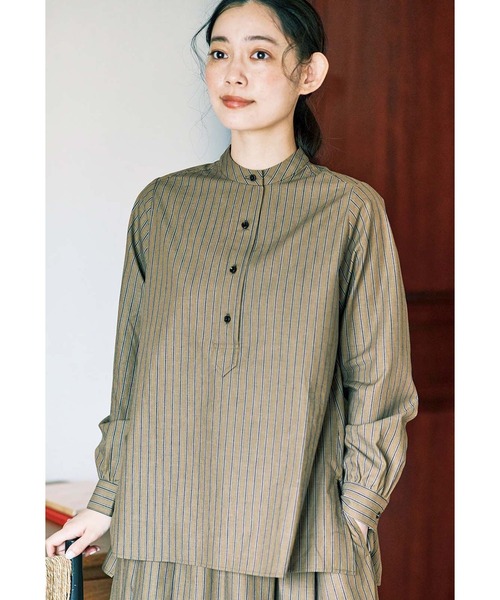 and myera(アンド マイラ)の「and myera ストライプなブラウス(シャツ/ブラウス・レディース・カーキ・MEDIUM/X-LARGE/LARGE)」の1枚目の写真