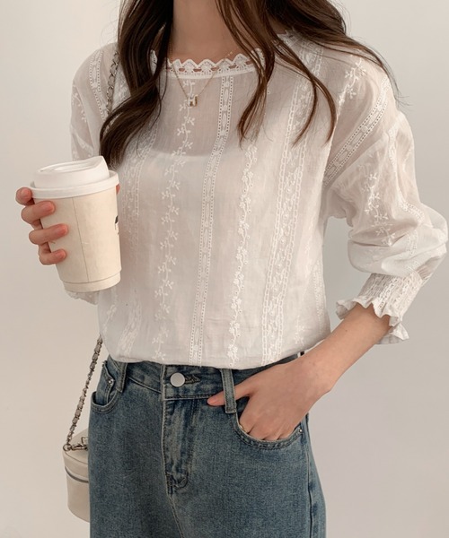 ECLIN(エクラン)の「フラワーレースボリュームスリーブブラウス(シャツ/ブラウス・レディース・ブラック/グレー/グリーン/ブラウン/ホワイト/ベージュ・FREE)」の10枚目の写真