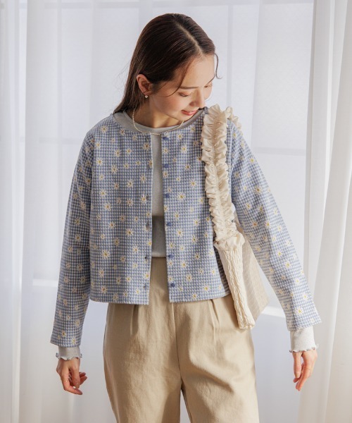 cherry Ann - フラワー刺繍×ギンガムチェックカーディガン セール】レディース フラワー刺繍のギンガムチェックブラウス
