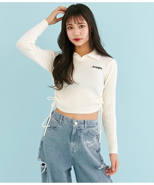 トップス Anna セール】エリ付シャーリングサマーニットトップスセーター（T