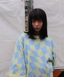 ADAMPATEK / skewed check pattern short sleeve knit/ルーズシルエット半袖ニットTシャツ”歪みチェッカー”