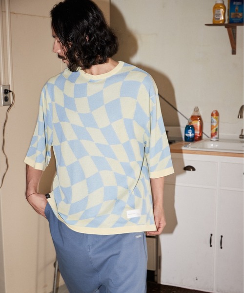 ADAM PATEK(アダムパテック)の「ADAMPATEK / skewed check pattern short sleeve knit/ルーズシルエット半袖ニットTシャツ”歪みチェッカー”(ニット/セーター・メンズ・イエロー/ブラック・1/2/3)」の6枚目の写真