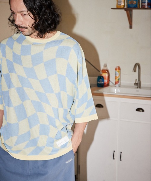 ADAM PATEK(アダムパテック)の「ADAMPATEK / skewed check pattern short sleeve knit/ルーズシルエット半袖ニットTシャツ”歪みチェッカー”(ニット/セーター・メンズ・イエロー/ブラック・1/2/3)」の21枚目の写真