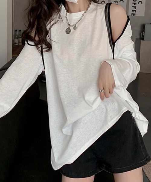 Girly Doll(ガーリードール)の「カットショルダーロングTシャツ(Tシャツ/カットソー・レディース・ホワイト/ブラック・F)」の5枚目の写真