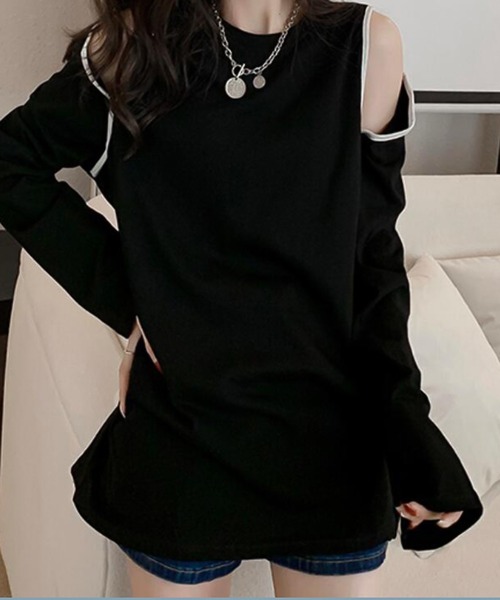 Girly Doll(ガーリードール)の「カットショルダーロングTシャツ(Tシャツ/カットソー・レディース・ホワイト/ブラック・F)」の7枚目の写真