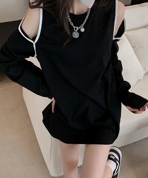 Girly Doll(ガーリードール)の「カットショルダーロングTシャツ(Tシャツ/カットソー・レディース・ホワイト/ブラック・F)」の9枚目の写真