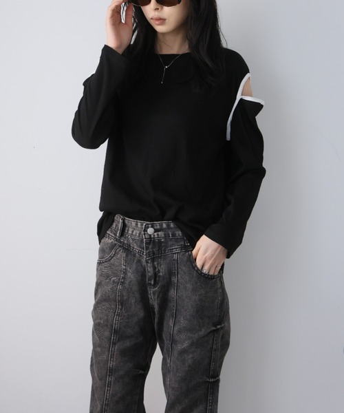 Girly Doll(ガーリードール)の「カットショルダーロングTシャツ(Tシャツ/カットソー・レディース・ホワイト/ブラック・F)」の11枚目の写真