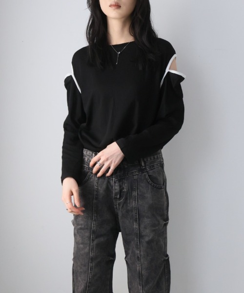 Girly Doll(ガーリードール)の「カットショルダーロングTシャツ(Tシャツ/カットソー・レディース・ホワイト/ブラック・F)」の13枚目の写真