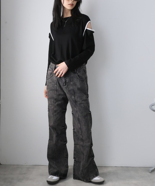 Girly Doll(ガーリードール)の「カットショルダーロングTシャツ(Tシャツ/カットソー・レディース・ホワイト/ブラック・F)」の14枚目の写真