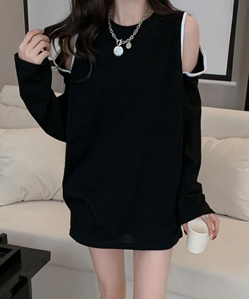 Girly Doll(ガーリードール)の「カットショルダーロングTシャツ(Tシャツ/カットソー・レディース・ホワイト/ブラック・F)」の22枚目の写真