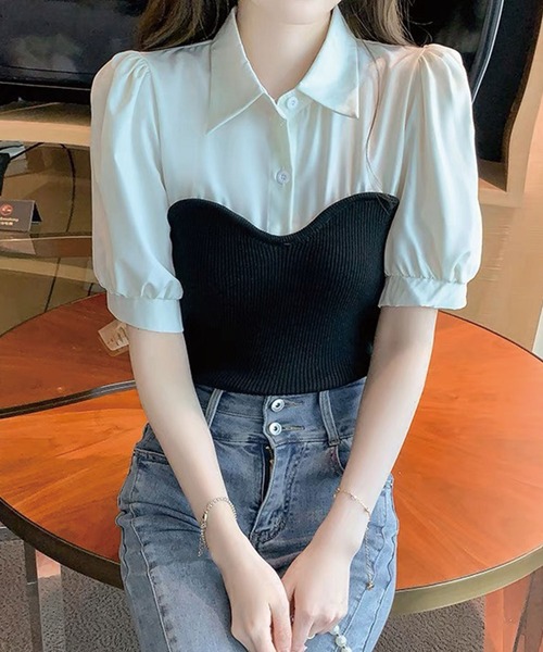 SPIGA(スピーガ)の「ニットビスチェドッキングパフスリーブブラウス(シャツ/ブラウス・レディース・ブラック/ベージュ・FREE)」の4枚目の写真