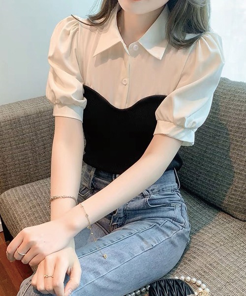 SPIGA(スピーガ)の「ニットビスチェドッキングパフスリーブブラウス(シャツ/ブラウス・レディース・ブラック/ベージュ・FREE)」の5枚目の写真