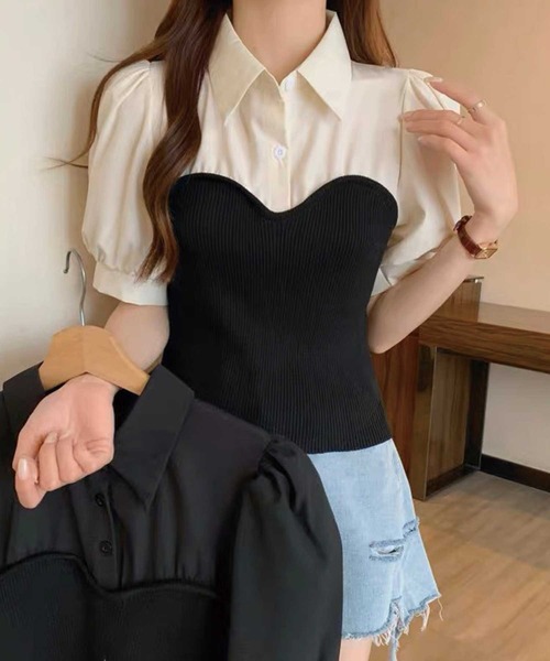 SPIGA(スピーガ)の「ニットビスチェドッキングパフスリーブブラウス(シャツ/ブラウス・レディース・ブラック/ベージュ・FREE)」の8枚目の写真