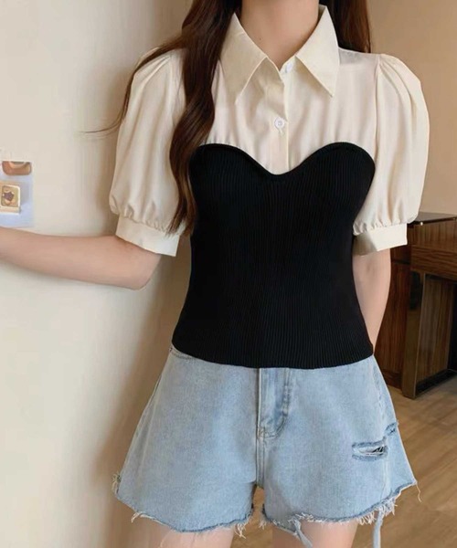 SPIGA(スピーガ)の「ニットビスチェドッキングパフスリーブブラウス(シャツ/ブラウス・レディース・ブラック/ベージュ・FREE)」の9枚目の写真