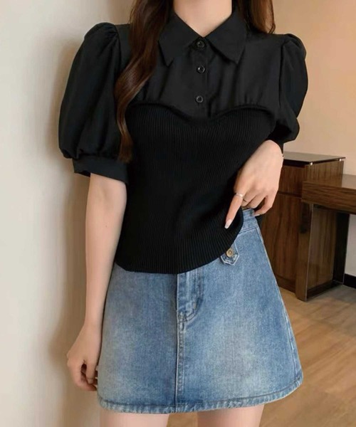 SPIGA(スピーガ)の「ニットビスチェドッキングパフスリーブブラウス(シャツ/ブラウス・レディース・ブラック/ベージュ・FREE)」の12枚目の写真