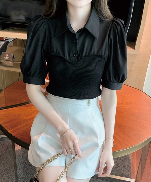 SPIGA(スピーガ)の「ニットビスチェドッキングパフスリーブブラウス(シャツ/ブラウス・レディース・ブラック/ベージュ・FREE)」の10枚目の写真