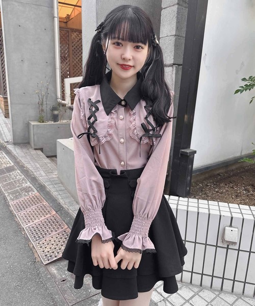 ROJITA(ロジータ)の「配色レースアップBIG衿ブラウス(シャツ/ブラウス・レディース・ブラック/ピンク/ホワイト・FREE)」の9枚目の写真