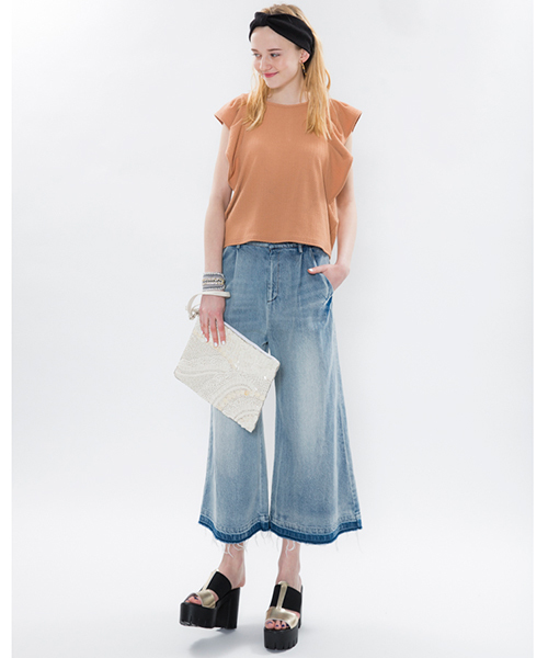 mystic(ミスティック)の「【mystic】デニムフリンジパンツ(デニムパンツ・レディース・オフホワイト/ネイビー/ライトブルー・1/2)」の7枚目の写真