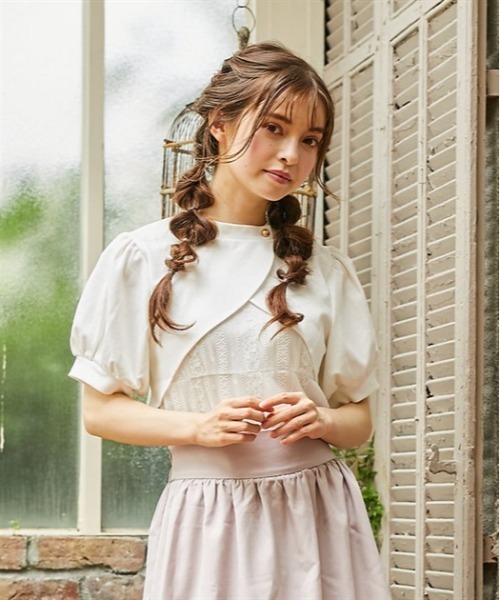 axes femme POETIQUE(アクシーズファムポエティック)の「カットボレロ付ノースリプルオーバー(Tシャツ/カットソー・レディース・グリーン/ブラック/キナリ・MEDIUM)」の2枚目の写真