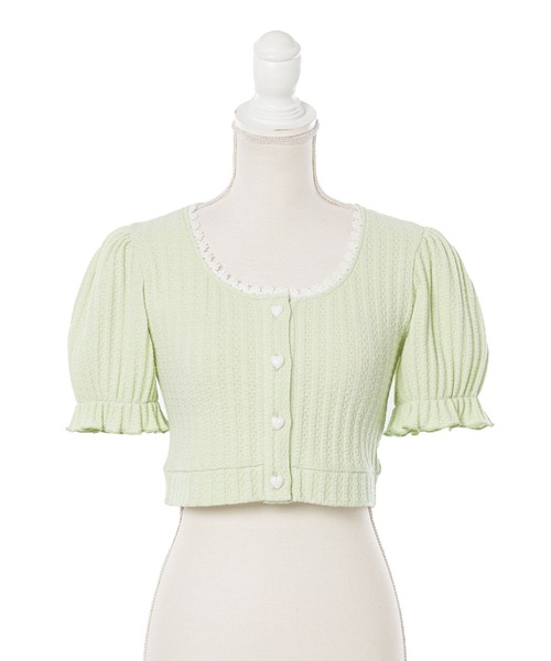 DearMyLoveRose（ディアマイラブローズ）の「ハートボタンクロップドリブカーディガントップス（Tシャツ/カットソー・レディース・ブラック/ベビーピンク/ブルー/ホワイト/ライトグリーン/イエロー/ラベンダー・MEDIUM/X-LARGE/LARGE/XX-LARGE）」の12枚目の写真