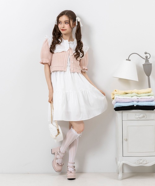 DearMyLoveRose（ディアマイラブローズ）の「ハートボタンクロップドリブカーディガントップス（Tシャツ/カットソー・レディース・ブラック/ベビーピンク/ブルー/ホワイト/ライトグリーン/イエロー/ラベンダー・MEDIUM/X-LARGE/LARGE/XX-LARGE）」の20枚目の写真