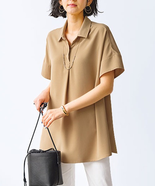BELLUNA(ベルーナ)の「イージーケア!スキッパーデザインシャツ(チュニック・レディース・ベージュ/カーキ/ブルー/ローズ・LARGE/MEDIUM/X-LARGE)」の1枚目の写真