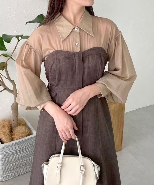 mysty woman（ミスティウーマン）の「シャツドッキングフレアワンピース　972774（ワンピース・レディース・チャコールグレー/ベージュ/ブラウン・FREE）」の9枚目の写真