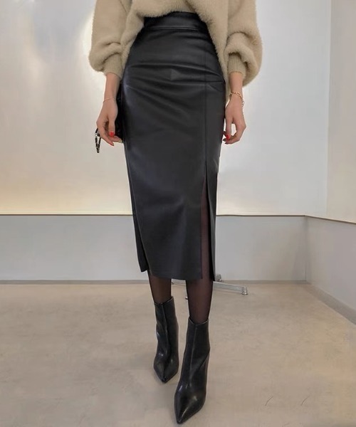 セール】フロントスリット入りフェイクレザースカート（スカート