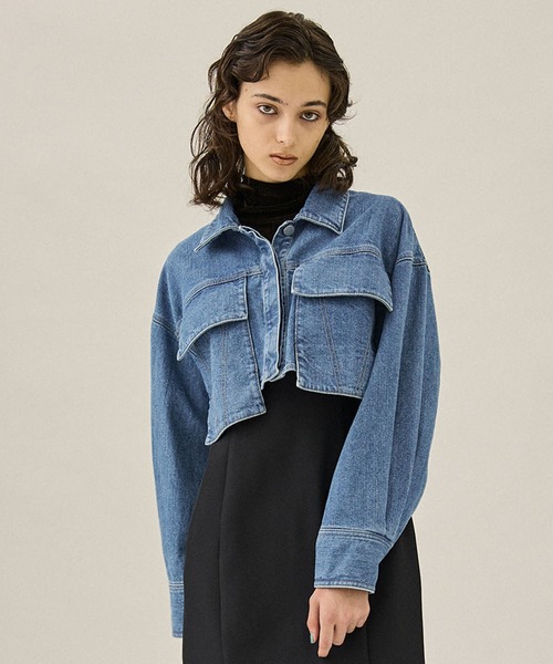 PUBLIC TOKYO（パブリックトウキョウ）の「オーバーポケットクロップドデニムブルゾン（デニムジャケット・レディース・ブラック/ブルー・FREE）」の11枚目の写真