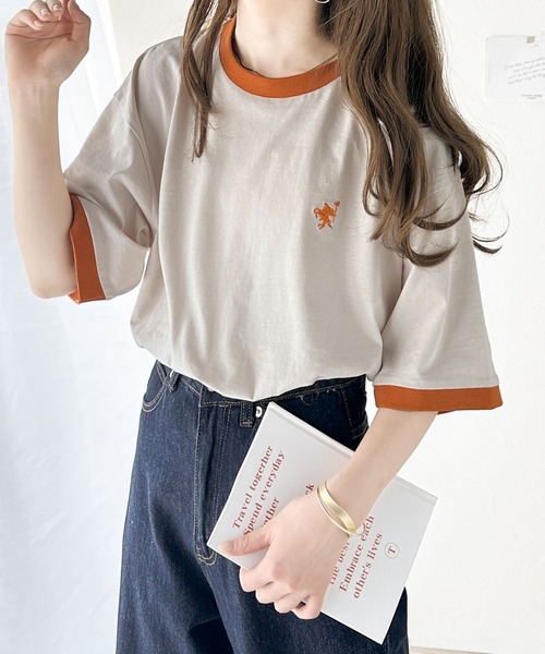 Java(ジャバ)の「《Javaジャバコラボ》大人の上質Tシャツ。オーガニックコットンリンガー刺繍Tシャツ(Tシャツ/カットソー・レディース・オートミール/ベージュ/杢グレー/ホワイト・SMALL/MEDIUM/LARGE/X-LARGE)」の5枚目の写真