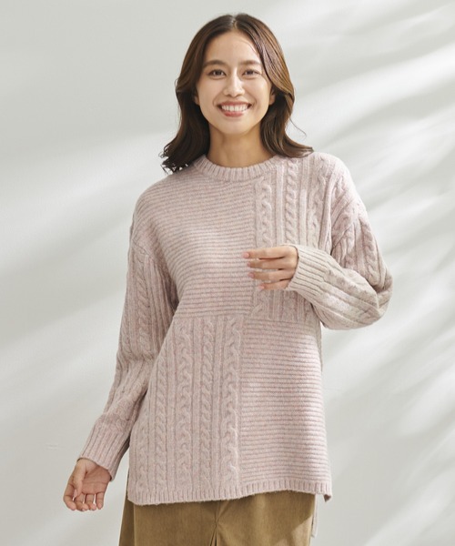 Arnold Palmer（アーノルドパーマー）の「パッチワーク ケーブルニット プルオーバー（ニット/セーター・レディース・ピンク/ライトベージュ/チャコールグレー・L/S/M）」の16枚目の写真