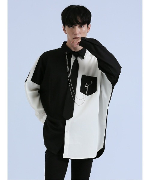 semantic design（セマンティックデザイン）の「【ストレッチ】セマンティックデザイン×PSYCHONATION タイ付きチェーン 長袖シャツ（シャツ/ブラウス・メンズ・ブラック/ホワイト/ホワイト×ブラック・MEDIUM/LARGE）」の3枚目の写真